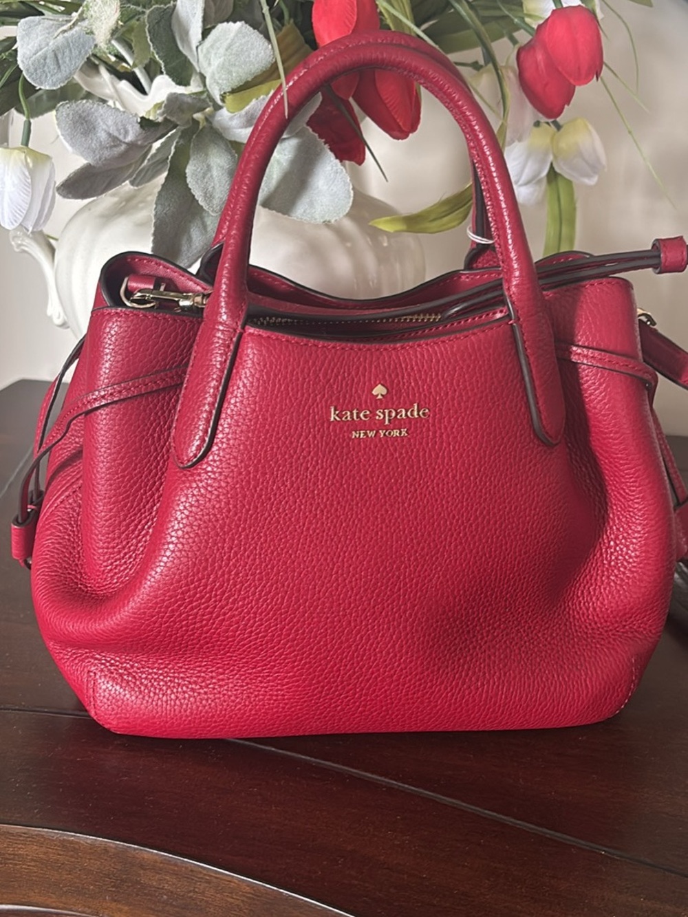kate spade Red Pebbled Leather Satchel with Gold Hardware